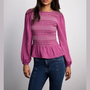 Pink Contrast Stitch Smocked Round Neck Long Sleeve Peplum Blouse
